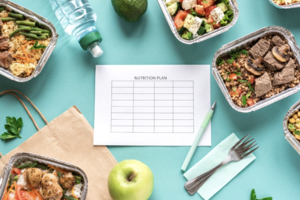 A written nutrition plan is surrounded by boxes of different sorts of food