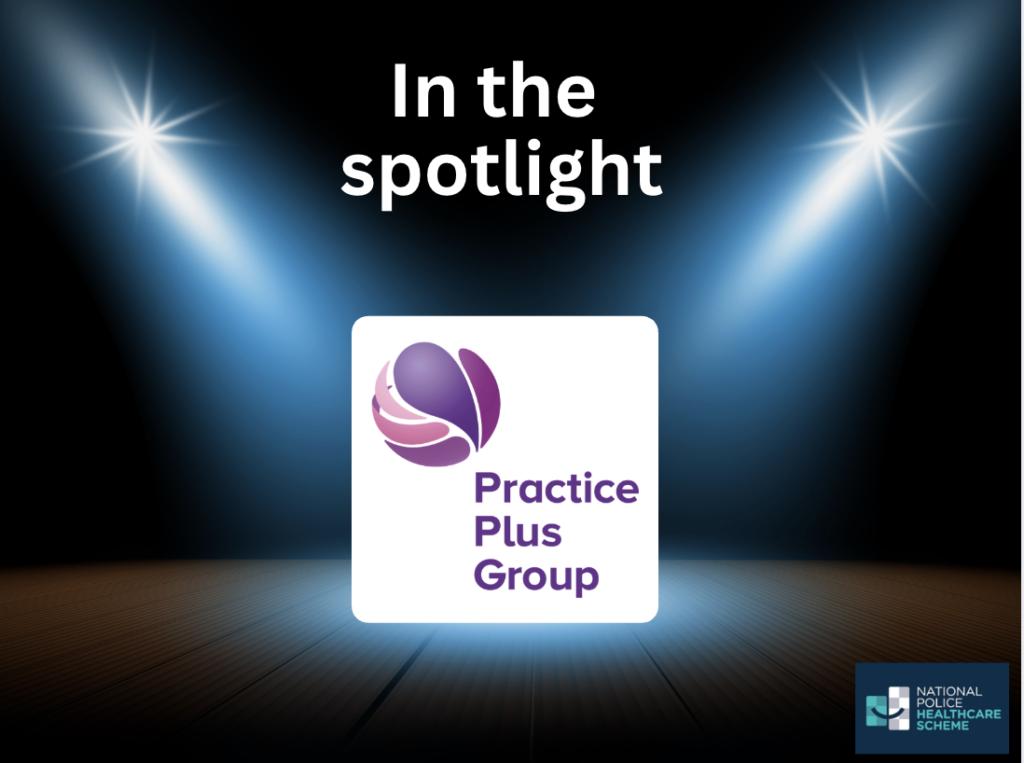 A Canva graphic putting the Practice Plus Group 'in the spotlight' under two spot lights.